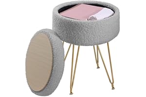ABHENG Rotondo Pouf Contenitore, Sgabello da trucco in pelliccia di teddy artificiale con spazio di archiviazione, Pouf sgabello da divano, 4 Gambe in Metallo, 32x32x44 cm, Grigio Tortora, ASND51G