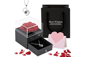 SINAND Cadeau Femme - Rose Eternelle avec Bijoux - Cadeau Saint Valentin Femme, Fleur Eternelle Fabriqué par Fresh Rose, Kit St Valentin avec Collier, Carte Sac Cadeau et Boîtes