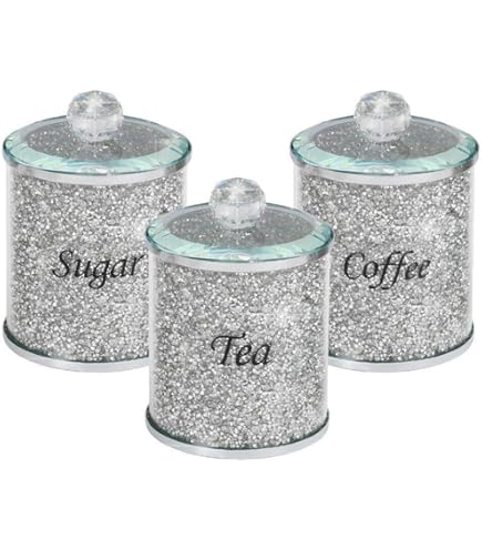 Lot De 3 Bocaux à Sucre, Thé, Café – Cristal Argenté Home Of Sparkles – Diamant écrasé