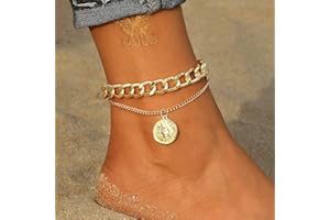 Sttiafay Layered Cuban Link Chain Ankle Bracelet Double Layer Cuban Curb Link Chain Anklet Disc Charm Foot Chain Jewelry for Women and Girls