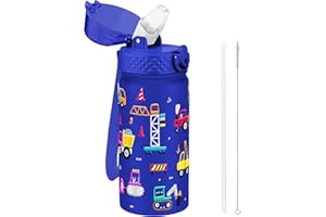 Goppus 420ml/14oz Gourde Isotherme pour Enfants avec Paille à Double Paroi en Acier Inoxydable Petit Flacon Isolé Sous Vide Métal Anti-fuite pour Boisson Flacon pour Tout-petits Thermos Sans BPA