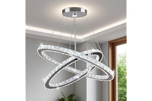 Jenvkoil Double-Ring Crystal LED Chandelier, Modern Height Adjustable Pendant Ceiling Light with K9 Crystals, Ø25 cm Canopy, 6000 K Cool White for Living Room, Dining & Stairwell