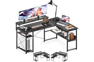 ODK Biurko narożne, dwustronne, w kształcie litery L, ze stojakiem na monitor, biurko z regałem, kolor czarny, 137 x 102 cm