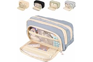CLOUDEMO Big Capacity Pencil Case, 3 Compartments Simple Storage Aesthetic Pencil Case, Large Capacity Pencil Pouch, Kawaii Pencil Case Organizer for Women and Girls (Blue)