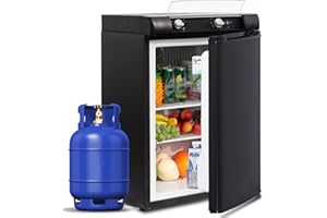 SMETA Gaskühlschrank Camping 60L, 3 Wege Kühlschrank, Kühlschrank Wohnwagen, Camping Kühlschrank 12V/230V/Gas, Mini Kühlschrank für Wohnmobil Van LKW Imbisswagen Leiser Schwarz