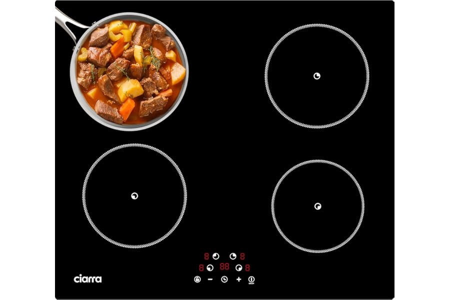 CIARRA Induction Hob, Induction Plate 4 Burners 59 cm Glass Ceramic, Touch Function, 9 Power Levels, Automatic Shutdown, Cables-F