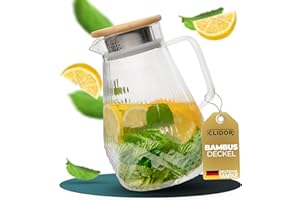 CLIDOR Wasserkaraffe - 1,5 Liter, verstärkte Glasstärke, Karaffe für Heiß- & Kaltgetränke geeignet, Tropffreier Ausguss, moderne Glaskaraffe, Teekanne Glas, robuste Glaskaraffe mit Deckel (1500ml)