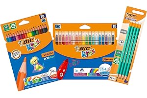 BIC Kit Rentrée des Classes - 18 Feutres de Coloriage Kid Couleur + 18 Crayons de Couleur Kids Evolution + 8 Crayons à Papier HB Original avec Gomme Intégrée, Lot de 3
