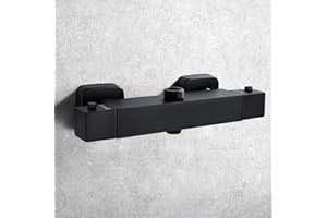 kisimixer Termostato para Columna de Ducha,Grifo Termostatico Ducha con BotóN de Seguridad 38℃,Grifo de Ducha Termostatico, Salida Superior de 3/4" Bsp Inferior de 1/2" Bsp,LatóN,Negro