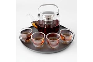 VIVA SCANDINAVIA Juego de té de cristal: tetera con colador, 4 tazas pequeñas de té de cristal de borosilicato y bandeja para servir gris, apta para el lavavajillas, sin goteo, 0,75 L