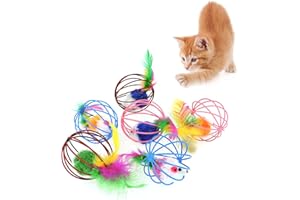 FuninCrea Lot de 6 balles pour chat - Jouet en plumes - Avec souris et plumes - Fil d'acier durable - Convient pour la chasse et le jeu à l'intérieur et à l'extérieur