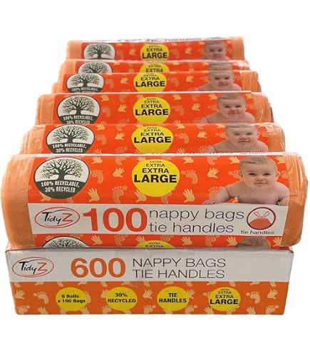 Tidyz 600 Sacs à Couches Extra Large Avec Poignées à Nouer - 6 Rouleaux De 100 Sacs