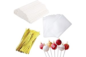 LIERFIS 300 Pièces Set de Bâtonnets à Cake Pop,100 Pièces 10cm Baton Sucette Pop Cake, 100 Pièces Sacs à Colis, 100 Pièces Liens Torsadés