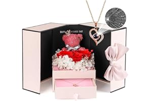 ADDWel Collar de Rosa Real roja preservada con Texto en inglés I Love You en 100 Idiomas, Oso de Rosas encantadas, Lindo Regalo romántico de Aniversario, Navidad, cumpleaños para mamá, Esposa