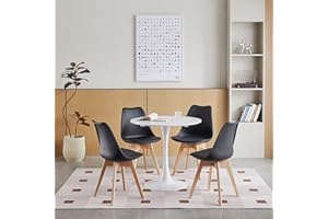 GrandCA HOME Juego de Mesa de Comedor Moderna y 4 Sillas, Mesa de Comedor Redonda MDF Blanco para 2-4 Personas + 4 Sillas de Cocina Negras, para Cocina Comedor Sala de Reuniones