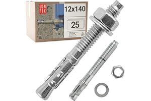 Boulons ancrage béton 12x140 25 pcs – Cheville molly acier zingué avec goujon, tige filetée, écrou, rondelle – Fixation charge lourde, vis béton, scellement chimique, Ancrage robuste Lun Fix