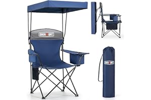 OVERMONT Camping Chair with Canopy Shade and Cooler - Support 150kg Oversized Folding Beach Chair with Umbrella- Cup Holder - Cool Bag - Lounge for Sand Travel Outdoor Pool Sports Blue