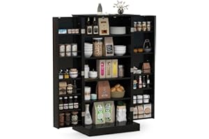 COSTWAY Kitchen Cupboard, Buffet Pantry Cabinet with Countertop, Doors, 17 Shelves & Guardrail, Space-saving Storage Organizer for Dining Living Room (Black, 60x40x120cm)