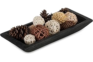 Hanobe Decorative Wood Dough Bowl: Long Wooden Centerpiece Table Decorations Natural Candle Holder Tray Decor Rustic Unfinished Trough Centerpieces for Dining Room Kitchen, Black