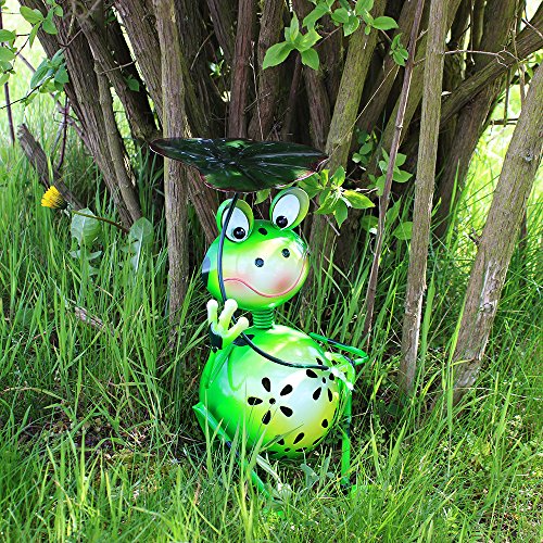 COM-FOUR® Dekofigur „sitzender Frosch mit Blatt“, Gartenfigur aus bunt lackiertem Metall im Frosch-Design, ca. 30x18x18cm - 2