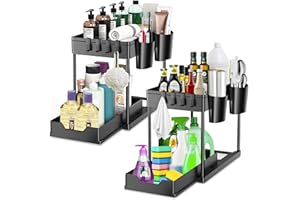 vvhippo Lot de 2 Rangement sous Évier Cuisine à 2 Niveaux avec Tiroir Coulissante, Etagere Tiroir avec 4 Patères et 2 Vasques Suspendues, pour cuisine, salle de bain, buanderie, Noir