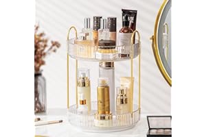 ROWNYEON Makeup Organiser 360 Rotating,Spinning Skincare Cosmetic Organiser 2 Tier Large Spinny Make Up Storage Organiser Shelf for Perfume, Vanity,Dresser, Bedroom, Bathroom,Toiletries (Clear)