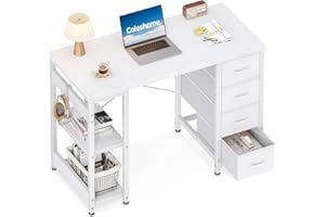 Coleshome Small Computer Desk with Drawers, 100x40cm Office Desk with Storage Shelves, Reversible Study Table for Home Office, Small Space, White
