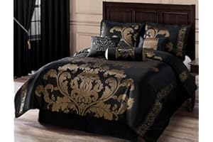 Chezmoi Collection Royale 7-Piece Comforter Set, Polyester, Black/Gold, Full