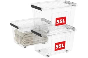 Cetomo 55L*3 Boîtes de Rangement avec Couvercles, Boîte de Rangement en Plastique avec Clips et Roulettes, Empilables, Encastrables, pour Placard de Bureau à Domicile, Transparent, 55L, Lot de 3