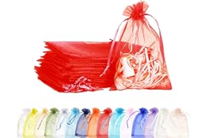 MORAINJAY 100 Pezzi Sacchetti Organza,9x12cm Rosso Sacchetti Organza Regalo,Borse Organza con Coulisse,Sacchetti Confetti per Matrimonio,Bomboniere,Caramella,Gioielli