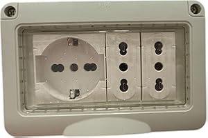 TOPOLENASHOP Cassetta Elettrica Pronta all’Uso per Esterni IP55 – Box 3 Moduli con 1 Presa Schuko + 2 Prese Bipasso 10/16A – Scatola da Muro con Sportellino per Giardino, Camper, Garage, Pareti Esterne