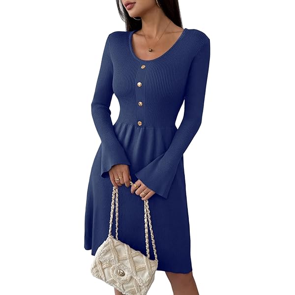 Zeagoo Gebreide winterjurk voor dames, lange mouwen, elegante jurk, ronde hals, pullover, casual, A-lijn, effen, S-XXL, Beige, M