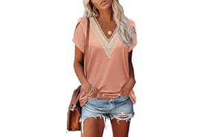 Famulily Women's Lace Trim V Neck T-Shirts, Short Petal Sleeve Summer Dressy Tops Casual Blouses S to XXL