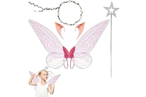 DOBIGER Feenflügel Erwachsene, Flügel Kinder Mädchen, Feen Flügel mit Sternenstab und Elfenohren, Schmetterlingsflügel Kinder, Fairy Wings für Karneval Ostern Halloween Cosplay, Feenflügel Rosa