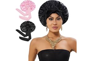 Loomify 2 Stück Schlafhaube für Damen, Seidenhaube zum Schlafen Verstellbare Satin Bonnet, Seide Haarhaube Nacht Schlafmütze, Silk Bonnet für Nacht Schlaf (Schwarz,Rosa)