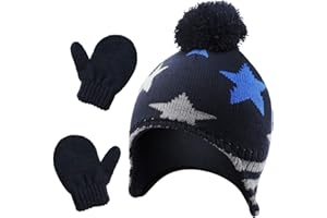 QKURT Kid’s Beanie Cap Mittens Set, Toddler Warm Mitten Caps Set with Earflaps Kids Hats Kids Gloves Fit for Age of 1~2 Years Old Boys Girls Baby