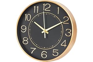 HZDHCLH Wall Clock 10 Inch Silent Non Ticking Clock Round Wall Decor，Wall Clocks for Living Room Kitchen Office (Black Gold)