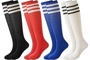 BONANGEL 4 Pairs Kids Football Socks Boys Girls 3-6 6-8 9-12 Years Knee High School Socks Black White Athletic Long Sleeves Cotton Sports Soccer Training Socks for Junior