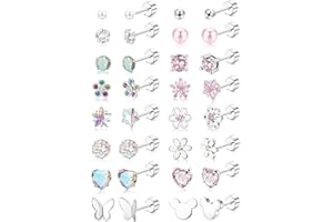 Diamday 16Pares Pequenos Pendientes Juego Hipoalergénico para Mujeres Niñas Acero Quirúrgico CZ Perla Bola Corazón Flor Screwback Espalda Plana Pendientes Multicolor Lindo Cartílago Pendientes