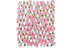 ANSODO Expandable Flower Fence with Artificial Flower Leaves,Garden Decoration Wooden Hedge Trellis Privacy Screen, Expanding Garden Fence with cherry blossoms for Balconies Garden Adjustable (Dark Pink)