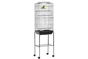 Pawhut Large Metal Bird Cage with Breeding Stand Feeding Tray Wheels for Parrot Parakeet Macaw Pet Supply, Black, 47.5 L x 37 W x 160 H (cm)