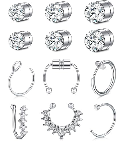 Faux Piercings Nez Lèvres 9 Pièces - Acier Inoxydable Or/Argent/Noir - Sans Perçage Adjustables - 4