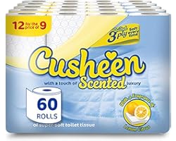 Cusheen Toilet Roll Bulk Buy - Pack of 60 Rolls (1 x 60 pack) Quilted White 3 Ply Lemon Fragrance Toilet Rolls