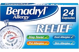 Benadryl Allergy Relief Capsules (1 x 24), Antihistamine Capsules with Acrivastine, Hayfever Tablets for Relief, Suitable for Pet, Dust, and Skin Allergies