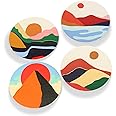 Haocoo Round Drink Coasters set of 4 - Absorbent Stone Coaster Set with Cork Base and Ceramic Stone, Decorative Cup Coasters for Kinds of Mugs and Cups… (Color mountain)