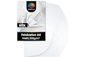OfficeTree 60 Blatt Fotokarton A4 Weiß 300g - Fotokarton Weiß zum Basteln, Schneiden & Drucken - Lignin- & Säurefrei - dickes Papier A4 zum drucken - Bastelkarton Weiß - dickes Druckerpapier