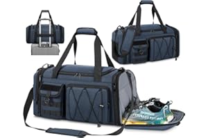 RAINSMORE Sac de Sport Homme Femme 40L Sac de Voyage avec Compartiment à Chaussures et Poche Humide Imperméable Extensible Sacs de Sport pour Gym Fitness Natation Yoga Weekend Bleu