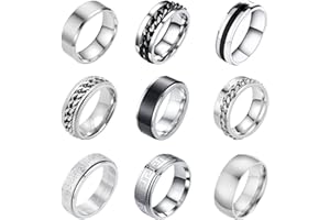 VELESAY 9 Stück Ringe Herren Silber Edelstahl Ring Set für Männer Bandringe Ketten Ringe Ehering Verlobung Versprechen Vintage Edelstahl Ring Spinner Fidget Antistress Ring Drehbar Damen Flaschenöffner Ringe