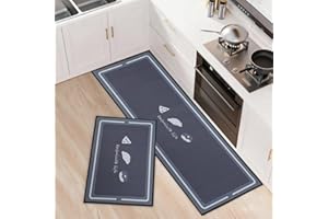 OPLERT 2 Pieces Kitchen Mats and Rug Set, Non-Slip Washable, Water-absorbent, for Kitchen, Laundry, Hallways,Grey,43x75+43x150cm