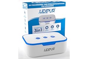 ‎UDIVITA Udipur Multifunktionsstation 3in1 mit UV-Sterilisation Trocknen und Laden für Hörgeräte USB Typ C Temperatur einstellbar bis zu 50°C - 110x90x40mm